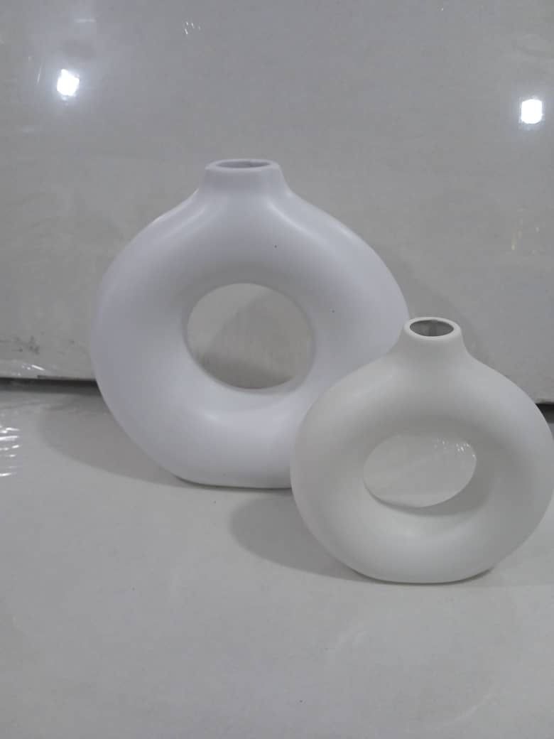 White Ceramic Ring Vase Set